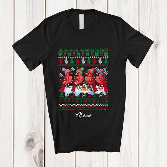 MacnyStore - Personalized Custom Name Four X-mas Cardinal Bird; Adorable Christmas Lights Sweater Animal T-Shirt