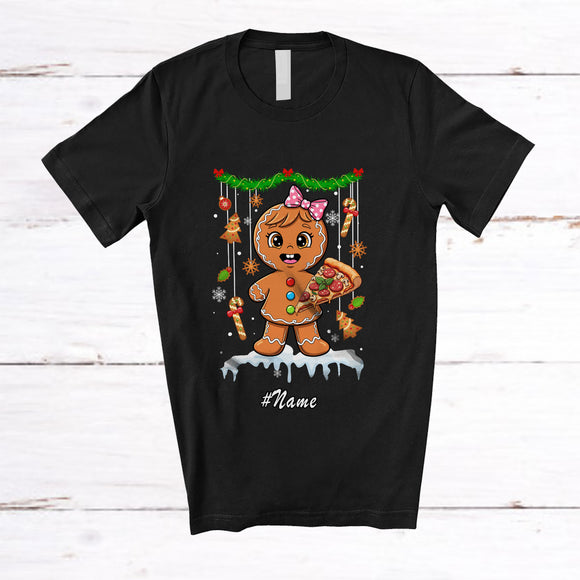 MacnyStore - Personalized Custom Name Gingerbread Eating Pizza; Lovely Christmas Lunch Lady Chef Baker T-Shirt