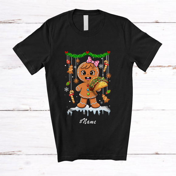 MacnyStore - Personalized Custom Name Gingerbread Eating Taco; Lovely Christmas Lunch Lady Chef Baker T-Shirt