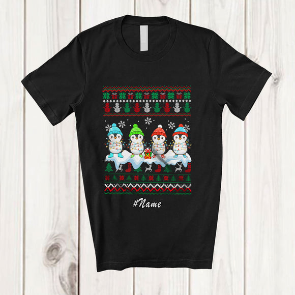 MacnyStore - Personalized Custom Name Four X-mas Penguin; Adorable Christmas Lights Sweater Bird Animal T-Shirt