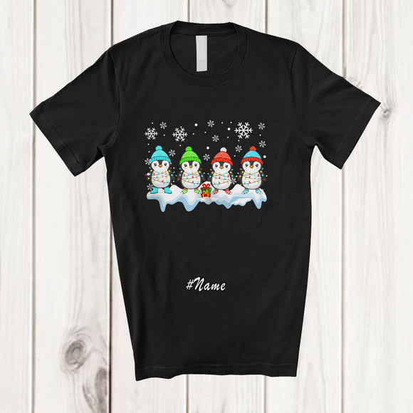 MacnyStore - Personalized Custom Name Four X-mas Penguin; Adorable Christmas Lights Penguin Bird Animal T-Shirt