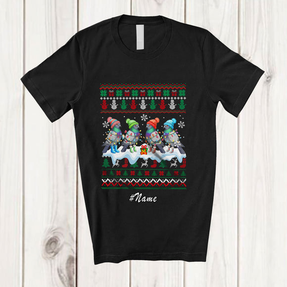 MacnyStore - Personalized Custom Name Four X-mas Pigeon; Adorable Christmas Lights Sweater Bird Animal T-Shirt
