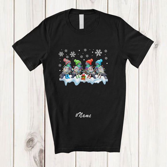 MacnyStore - Personalized Custom Name Four X-mas Pigeon; Adorable Christmas Lights Pigeon Bird Animal T-Shirt