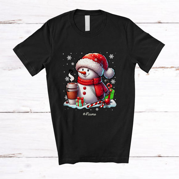 MacnyStore - Personalized Custom Name Snowman Drinking Coffee; Joyful Christmas Santa Snowman; Family T-Shirt