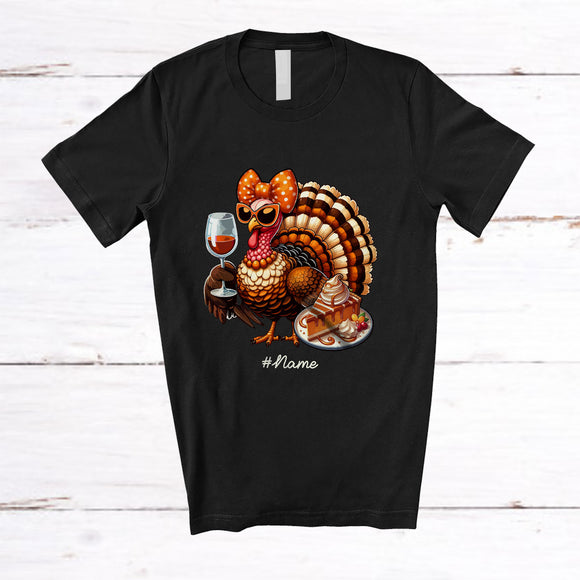 MacnyStore - Personalized Custom Name Turkey Drinking Wine; Joyful Thanksgiving Bow Tie; Women Drunker T-Shirt