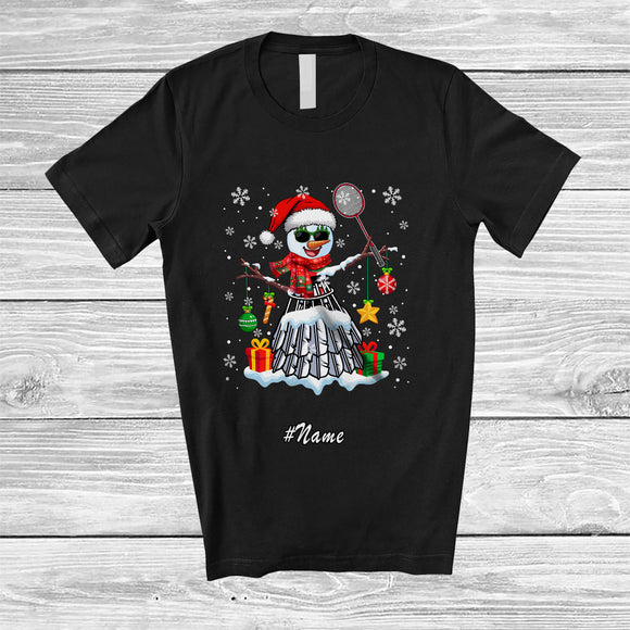 MacnyStore - Personalized Custom Name Badminton Snowman Santa Snow; Amazing Christmas Sport Player Team T-Shirt