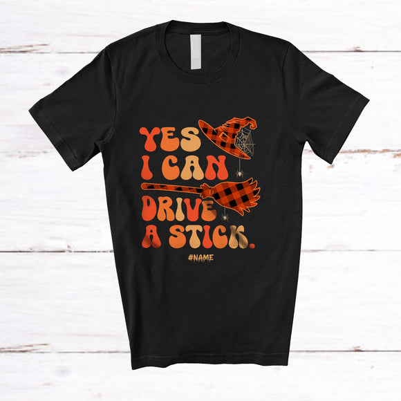 MacnyStore - Personalized Custom Name I Can Drive A Stick; Creepy Halloween Plaid Broom Witch; Family T-Shirt
