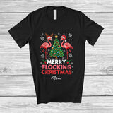 MacnyStore - Personalized Custom Name Merry Flocking Christmas; Lovely Two Santa Flamingos X-mas Tree T-Shirt