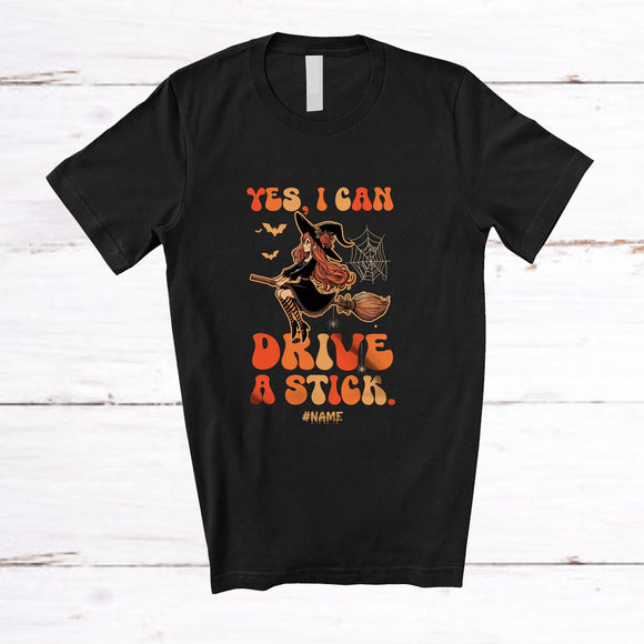 MacnyStore - Personalized Custom Name I Can Drive A Stick; Creepy Halloween Witch Riding Broom; Family T-Shirt