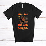 MacnyStore - Personalized Custom Name I Can Drive A Stick; Creepy Halloween Witch Riding Broom; Family T-Shirt