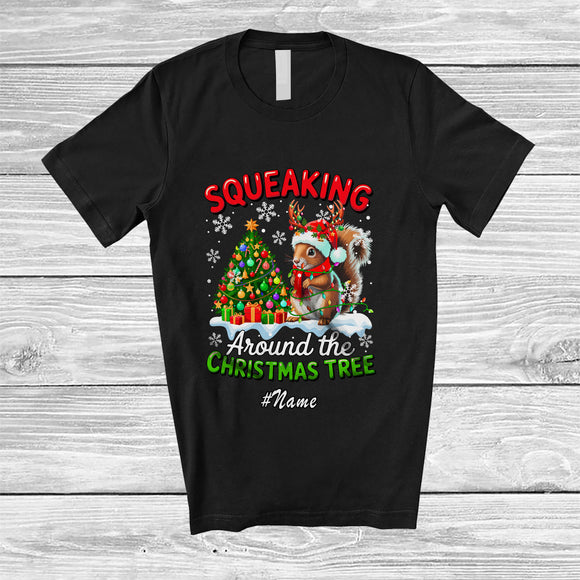 MacnyStore - Personalized Custom Name Squeaking Around Christmas Tree; Lovely Santa Reindeer Squirrel T-Shirt
