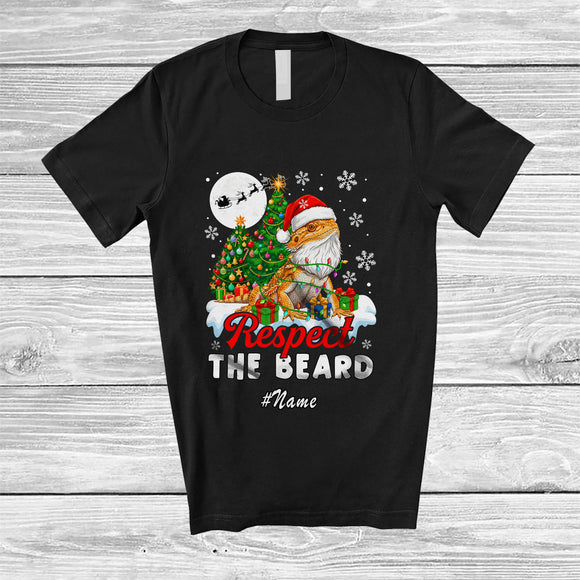 MacnyStore - Personalized Custom Name Respect The Bearded; Lovely Christmas X-mas Tree Bearded Dragon Santa T-Shirt