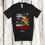 MacnyStore - Personalized Custom Name Have A Merry Fishmas; Humorous Christmas Santa Bass Fish Fishing T-Shirt