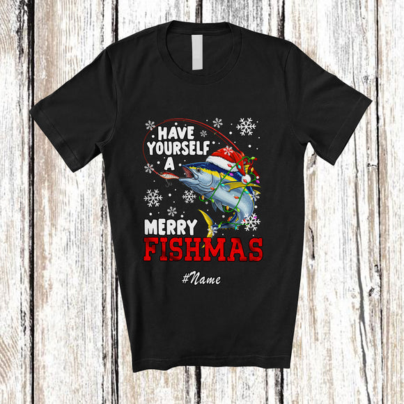 MacnyStore - Personalized Custom Name Have A Merry Fishmas; Humorous Christmas Santa Tuna Fish Fishing T-Shirt