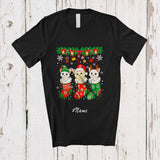 MacnyStore - Personalized Custom Name Three Elf Santa Cats In Christmas Socks; Lovely X-mas Lights Animal T-Shirt