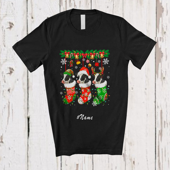 MacnyStore - Personalized Custom Name Three Elf Santa Cows In Christmas Socks; Lovely X-mas Lights Animal T-Shirt