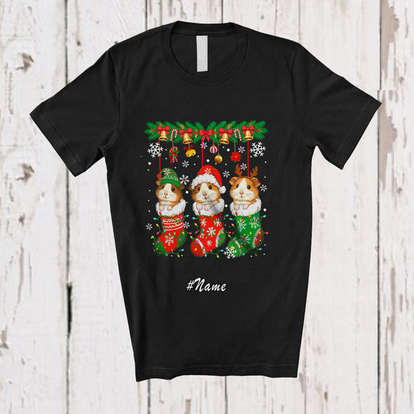 MacnyStore - Personalized Custom Name Three Guinea Pigs In Christmas Socks; Lovely X-mas Lights Animal T-Shirt