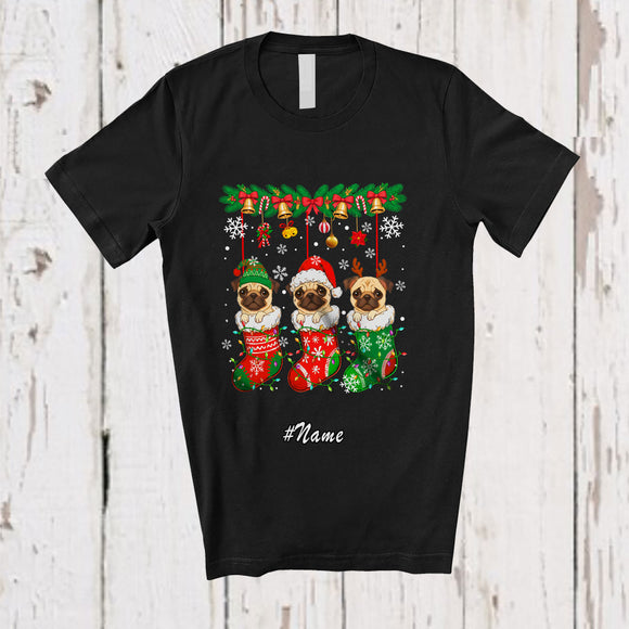 MacnyStore - Personalized Custom Name Three Elf Santa Pugs In Christmas Socks; Lovely X-mas Lights Animal T-Shirt