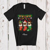 MacnyStore - Personalized Custom Name Three Elf Santa Pugs In Christmas Socks; Lovely X-mas Lights Animal T-Shirt