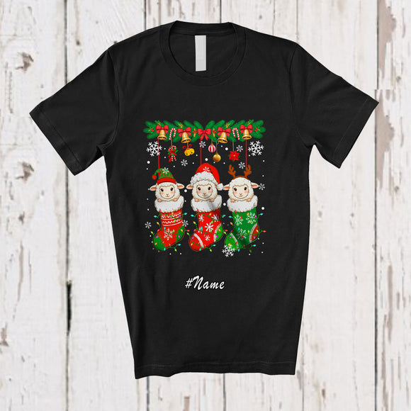 MacnyStore - Personalized Custom Name Three Elf Santa Sheeps In Christmas Socks; Lovely X-mas Lights Animal T-Shirt