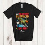 MacnyStore - Personalized Custom Name Teacher Survived 100 Days Of Me; Joyful 100th Day School Student T-Rex T-Shirt