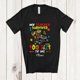 MacnyStore - Personalized Custom Name Teacher Survived 100 Days Of Me; Joyful School T-Rex On Monster Truck T-Shirt