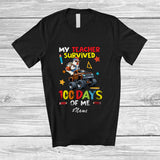 MacnyStore - Personalized Custom Name Teacher Survived 100 Days Of Me; Joyful School Chicken On Monster Truck T-Shirt