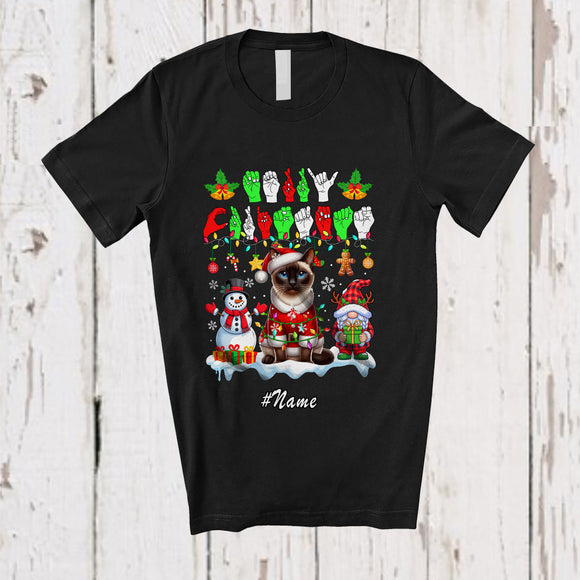 MacnyStore - Personalized Custom Name Santa Siamese Cat; Merry Christmas ASL Snowman Gnome T-Shirt