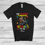 MacnyStore - Personalized Custom Name Teacher Survived 100 Days Of Me; Joyful School Mule On Monster Truck T-Shirt
