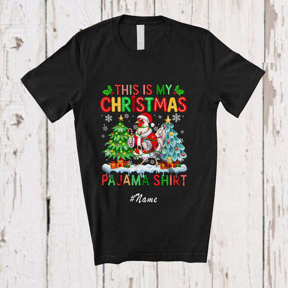 MacnyStore - Personalized Custom Name My Christmas Pajama Shirt; Joyful X-mas Trees Santa Chicken Farmer T-Shirt