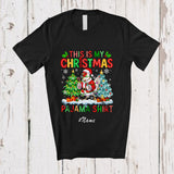 MacnyStore - Personalized Custom Name My Christmas Pajama Shirt; Joyful X-mas Trees Santa Chicken Farmer T-Shirt