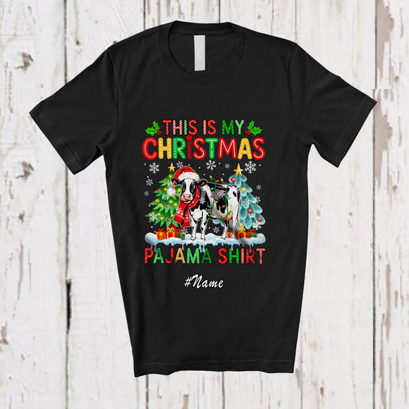 MacnyStore - Personalized Custom Name My Christmas Pajama Shirt; Joyful X-mas Trees Santa Cow Farmer T-Shirt