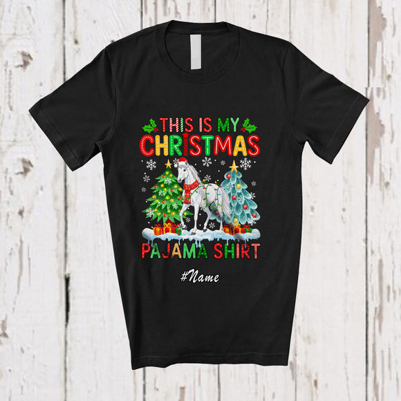 MacnyStore - Personalized Custom Name My Christmas Pajama Shirt; Joyful X-mas Trees Santa Horse Farmer T-Shirt