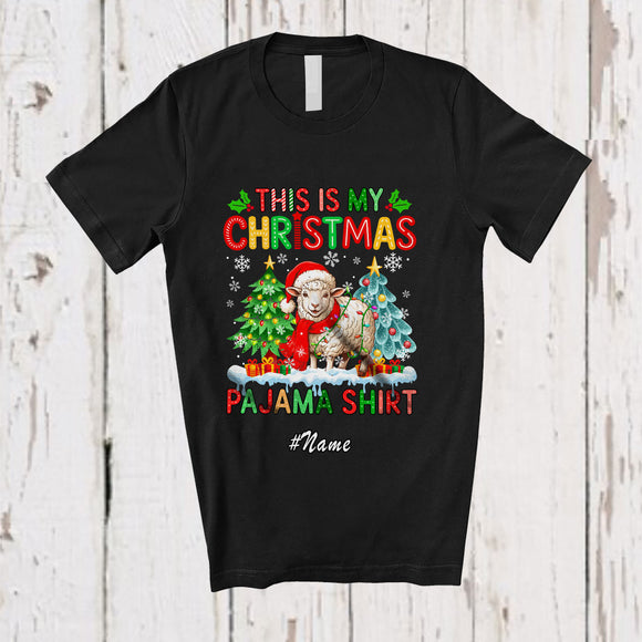 MacnyStore - Personalized Custom Name My Christmas Pajama Shirt; Joyful X-mas Trees Santa Sheep Farmer T-Shirt