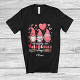 MacnyStore - Personalized Custom Name Happy Valentine's Day; Lovely Three Pink Gnomes Hearts Flowers; Couple T-Shirt
