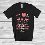 MacnyStore - Personalized Custom Name Happy Valentine's Day; Lovely Three Pink Flamingo Hearts; Couple T-Shirt