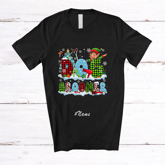 MacnyStore - Personalized Custom Name Dog Groomer; Cheerful Christmas Tree Snow Dabbing Elf; Proud Jobs T-Shirt