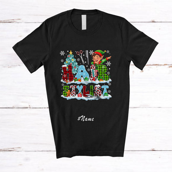 MacnyStore - Personalized Custom Name Hair Stylist; Cheerful Christmas Tree Snow Dabbing Elf Squad; Proud Jobs T-Shirt