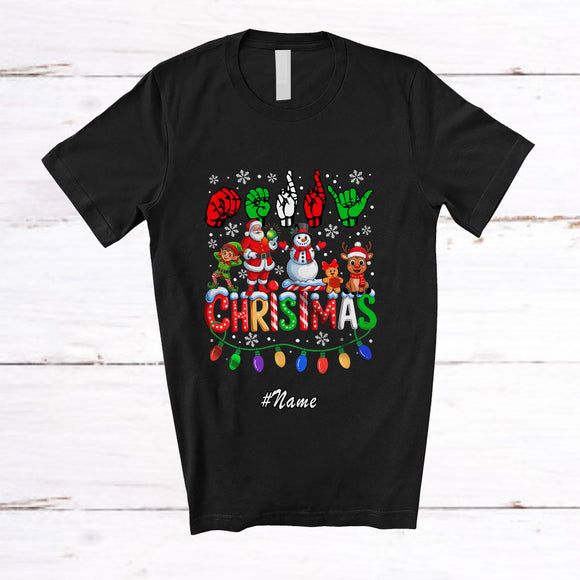 MacnyStore - Personalized Custom Name Merry Christmas ASL Sign Language; Joyful Elf Santa Snowman Reindeer T-Shirt