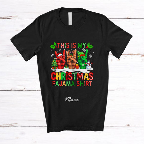 MacnyStore - Personalized Custom Name My Christmas Pajama Shirt; Joyful 3 Plaid Rock Hands Sign Language ASL T-Shirt