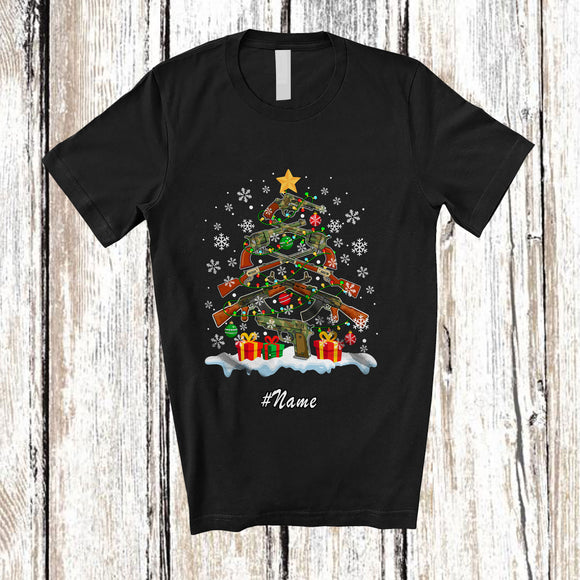 MacnyStore - Personalized Custom Name Guns Christmas Tree; Awesome X-mas Lights Snowing Soldier Guns Lover; Family Group T-Shirt