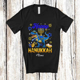 MacnyStore - Personalized Custom Name Happy Hanukkah; Lovely Hanukkah Lights On T-Rex Dinosaur; Family T-Shirt
