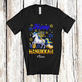 MacnyStore - Personalized Custom Name Happy Hanukkah; Lovely Hanukkah Lights On Unicorn Lover; Family Group T-Shirt