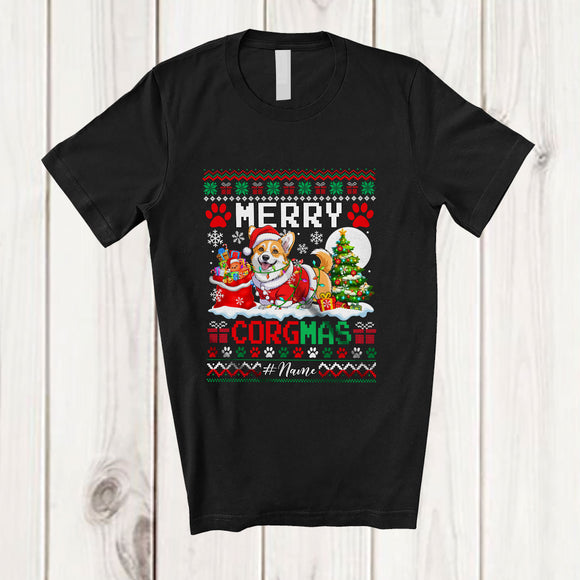 MacnyStore - Personalized Custom Name Merry Corgmas; Lovely Christmas Tree Sweater Santa Corgi Owner T-Shirt