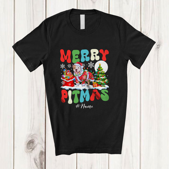 MacnyStore - Personalized Custom Name Merry Pitmas; Lovely Christmas Tree Santa Pit Bull Owner T-Shirt