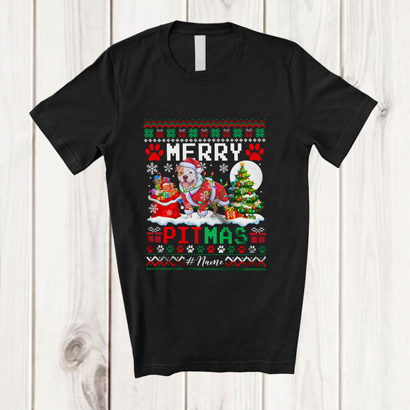 MacnyStore - Personalized Custom Name Merry Pitmas; Lovely Christmas Tree Sweater Santa Pit Bull Owner T-Shirt