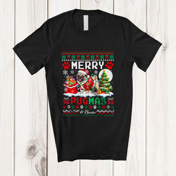 MacnyStore - Personalized Custom Name Merry Pugmas; Lovely Christmas Tree Sweater Santa Pug Owner T-Shirt
