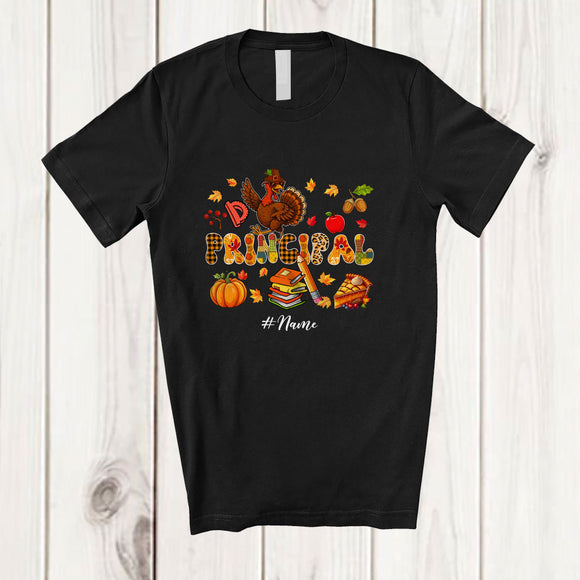 MacnyStore - Personalized Custom Name Principal; Wonderful Thanksgiving Plaid Pencil Books Turkey T-Shirt