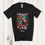 MacnyStore - Personalized Custom Name Happy 100th Day Of School; Colorful 100 Days Flamingo Students Teacher T-Shirt