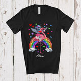 MacnyStore - Personalized Custom Name Skeleton Riding Flamingo; Colorful Valentine Rainbow; Girls Women Family T-Shirt